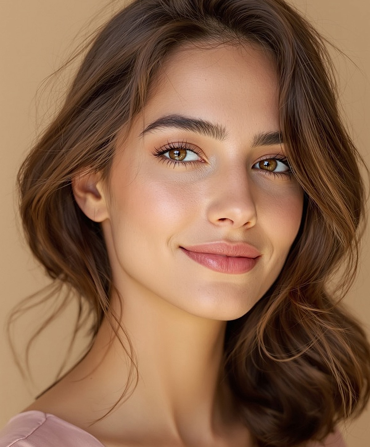 Smiling woman with brown hair and glowing skin.
